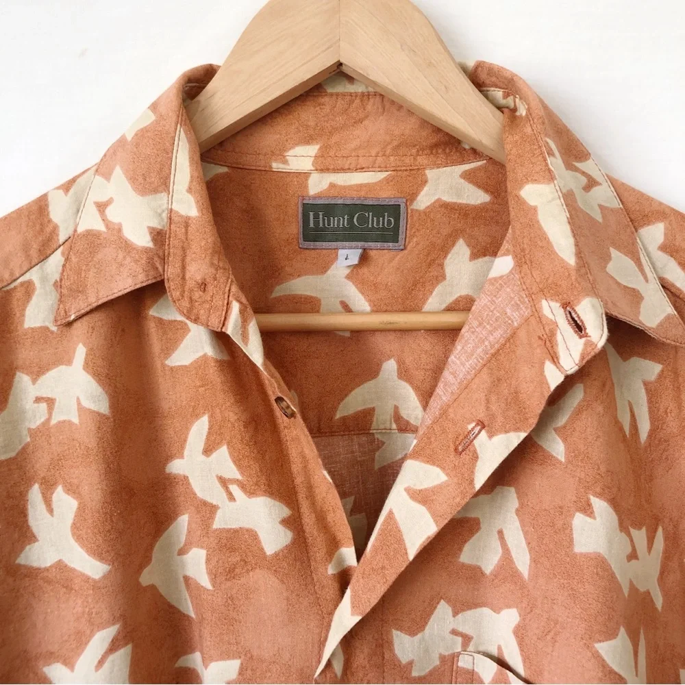 Vintage Mens HUNT CLUB Orange Cream Bird Button Up Cotton Rayon Shirt Size L - Picture 4 of 11